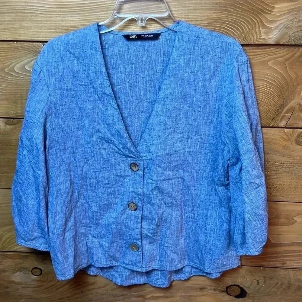 ZARA women’s S LONG SLEEVE BUTTON DOWN 70% COTTON 30% LINEN TOP party casual